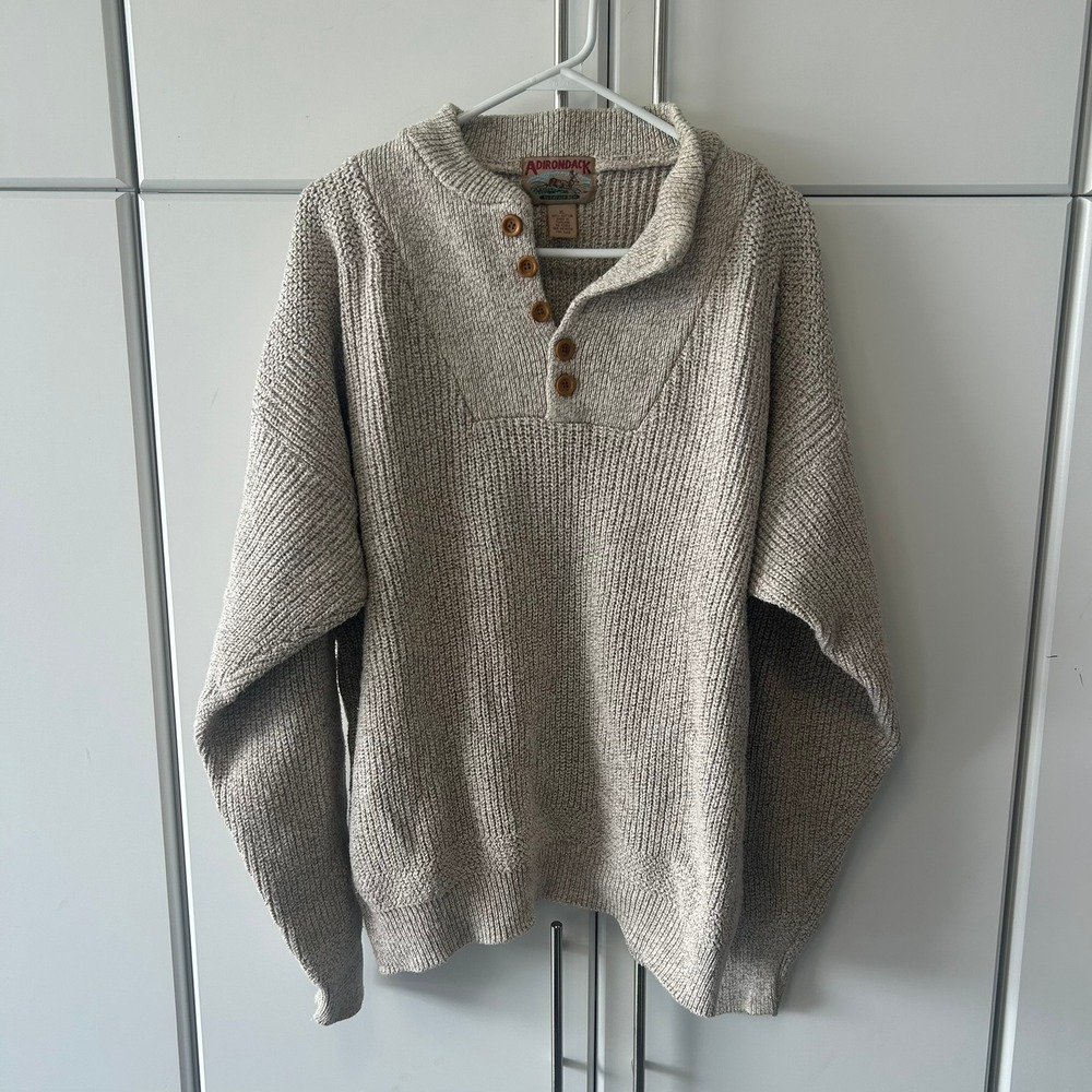 Adirondack Mens XL Henley Sweater Oatmeal Beige Cotton Chunky Knit Wood‎ Buttons